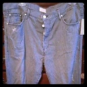 NWT. MOTHER cropped distressed striped jeans. 32.